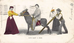 Postcard: Give Baby a Ride, Man on Donkey, UDB Posted 1905, Humor to Newton, KS - Picture 1 of 2