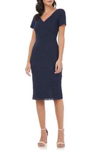 JS Collections Navy Blue Floral Jacquard Short Sleeve Cocktail Dress Sz 8 $168 - Picture 1 of 3