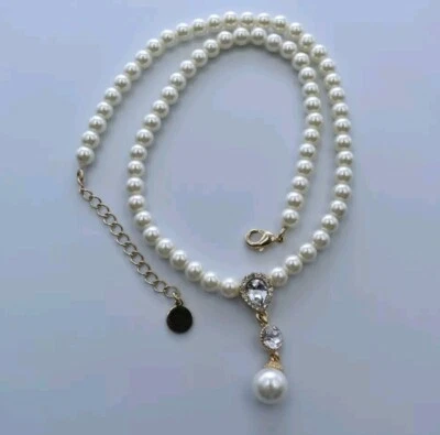 Collar Charter Club tono dorado halo de cristal y perlas de imitación lágrima gota en Y 17"+2" Foto 1 de 4