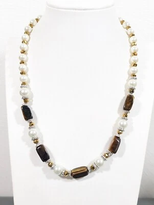 Collar nupcial blanco imitación perla marrón ojo de tigre piedra cuentas 21 pulgadas Foto 1 de 4