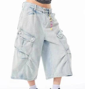 Men's Light Blue Denim Jeans Cargo Pockets Wide Leg Punk Loose Fit Shorts Hippie - Picture 1 of 8