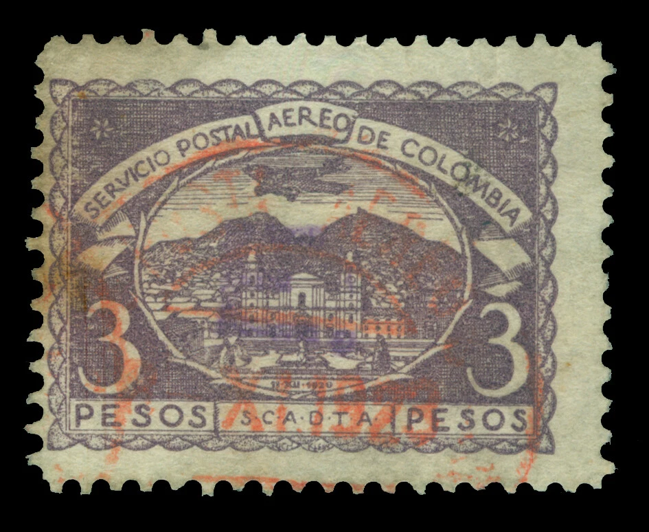 COLOMBIA 1921 AIRMAIL - SCADTA - Spain "E" handstamp 3p violet Sc# CLE10 used - Image 1 of 2