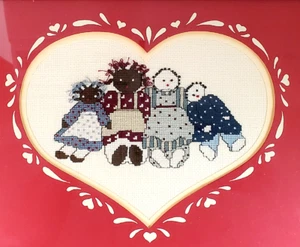 Completed Framed Cross Stitch Rag Dolls for Nursery Child's Room 10.5" x 9" - Picture 1 of 8