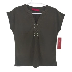 Love Scarlett Olive Green Lace-Up V-Neck Short Sleeve Women's Shirt Size L - Picture 1 of 7
