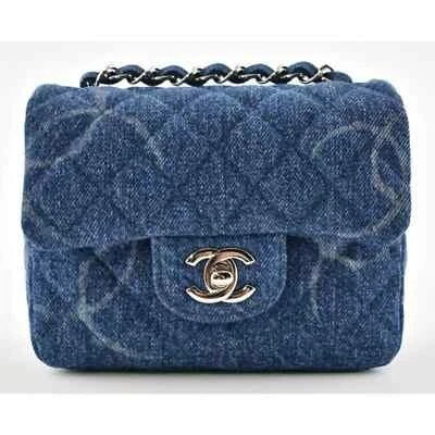 Bolso Bandolera Chanel 20B Azul Denim Mini Cuadrado Logo CC Acolchado Cadena Plateada Foto 1 de 4