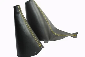 Fits 02-06 Mini Cooper Leather Manual & Emergency Brake Boot SET w/Yellow Stitch - Imagen 1 de 5