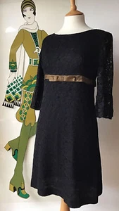 VINTAGE LATE 1960S DAISY LACE BLACK MINI DRESS FLUTED SLEEVES TWIGGY ERA SIZE 10 - Picture 1 of 8