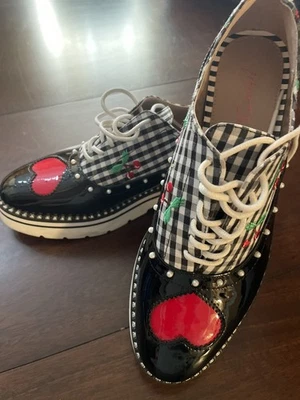 Betsey Johnson Shoes- Women's Abbott Oxfords- Size: 7.5 Checkered/Cherries/Heart - Image 1 of 4