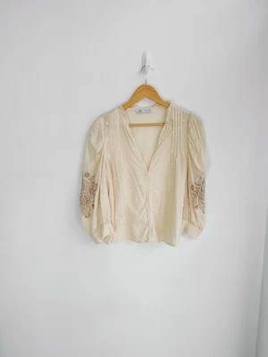 Zara Womens Size XS Blouse Womens Cream Long Sleeve Cotton Boho Embroidered  - Image 1 of 4
