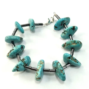 Beaded Gun Metal Gray Beads with Faux ? Turquoise 7" Bracelet Lobster Claw Clasp - Picture 1 of 6