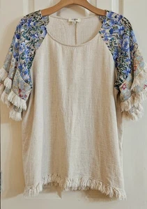 Umgee Tan Linen/Rayon Fringe Ruffle Boho Peasant Blouse Women's Size S EUC - Picture 1 of 6