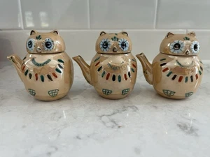 Pier 1 Vintage Mini Owl Teapot Set Of 3 Lusterware - Picture 1 of 5
