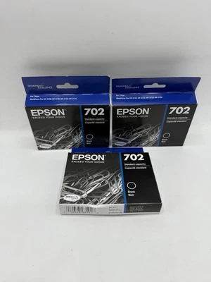 3 PACK Genuine Epson 702 Black Ink Cartridge T702120 06/2023 Exp - Image 1 of 3