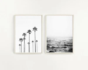 Set of 2 BW Beach Palm Trees Ocean Waves Art Prints. Great Home decor - Picture 1 of 7