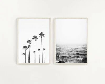 Set of 2 BW Beach Palm Trees Ocean Waves Art Prints. Great Home decor - Image 1 of 4