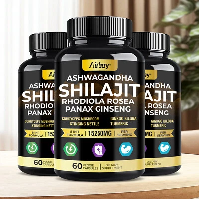 AIRBOY Ashwagandha, Shilajit, Rhodiola, Ginseng, Salud Muscular, Energía, Apoyo Inmunológico