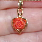 VINTAGE GORGEOUS 14K VERMIL / 925 ITALIAN CARVED RED ROSE CORAL HEART PENDENT 