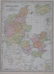 Original 1901 Map DENMARK Hygge Iceland Faroe Islands Bornholm Copenhagen Odense - Picture 1 of 8