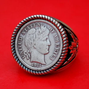 USA 1911 Barber Dime Silber Münze 925 Sterling Silber Ring Banknote Olivenblatt - Bild 1 von 11