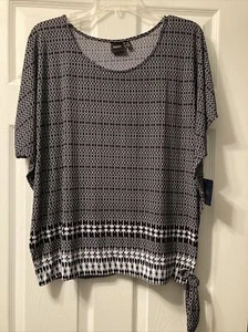 Rafaella Women’s Large Black & White Short Sleeve Blouse NWT $58 Side Tie - Picture 1 of 7