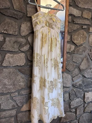 Vestido formal Oleg Cassini para mujer sin tirantes de seda talla 0 marfil dorado gala Foto 1 de 4