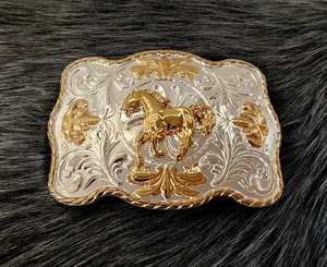 Vergoldete versilberte Stil Pferd Western Rodeo Gürtelschnalle Hebilla Vaquera Charra - Bild 1 von 2