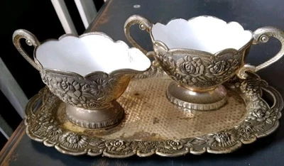 Price Import Silver Cast Metal And White Enamel Cream And Sugar Set With Tray - Image 1 of 4
