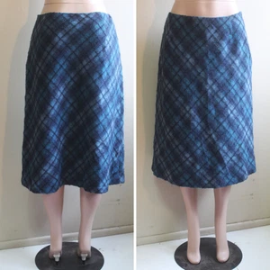 Eddie Bauer 12 L A Line Skirt Bias Cut Blue Plaid Wool Blend Knee Midi Retro 50s - Picture 1 of 7