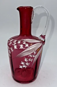 "Jarra de vidrio de arándano victoriana vintage con flores blancas pintadas a mano borde dorado 7""" - Imagen 1 de 18
