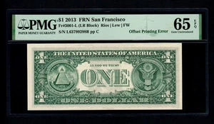 Offet Printing Error 2013 $1 FRN San Francisco PMG GEM Uncirculated 65 EPQ - Bild 1 von 2