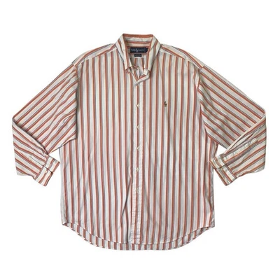 Винтажная мужская рубашка Ralph Lauren L белая оранжевая хлопковая в полоску на пуговицах - Изображение 1 из 4