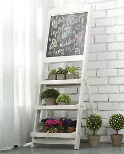 Freestanding Vintage White Wood Chalkboard Easel with 3 Display Shelves - Picture 1 of 4