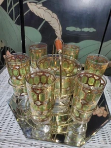 Vintage Culver Valencia 22K Green Diamond Highball Whiskey MCM Glas Set KOMPLETT! - Bild 1 von 4