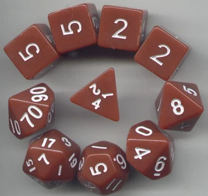 RPG Dice 10pc - Opaque Brown - 1 @ D4 D8 D10 D12 D20 D00-10 & 4 D6 - Picture 1 of 1