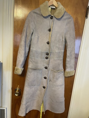 Cappotto vintage anni '90 Moschino pelle di pecora shearling stile anni '70 taglia 6 azzurro