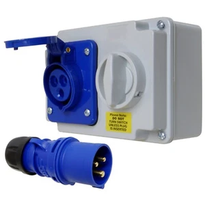 16 Amp Plug and Interlock Socket Set 3 Pin 230v IP44 Single Phase Blue 2P+E - Picture 1 of 12