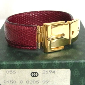 Auth Vintage GUCCI Goldtone Belt Motif Red Leather Bangle Bracelet Made in Italy - Picture 1 of 24