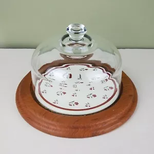 Goodwood Glass Domed Cheese Wood Base Tray Ceramic Plate Flowers Julie Pomerantz - Picture 1 of 5