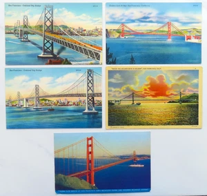 5 San Francisco Bridge Postcard Lot Vintage Linen Golden Gate Oakland Bay CA - Picture 1 of 2