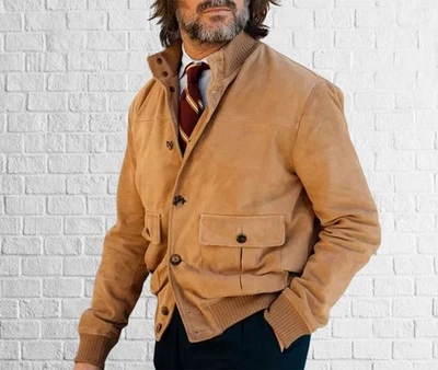Men’s Tan Suede Bomber Leather Biker Jacket with Button n Pockets - Image 1 of 4