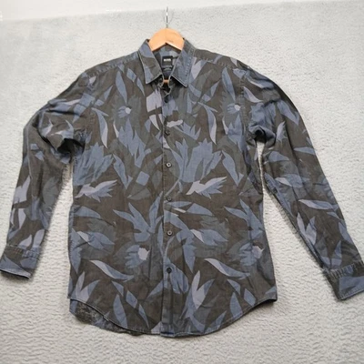 Hugo Boss Slim Fit Shirt Men's L Gray Blue Floral Print Linen Cotton Long Sleeve - Image 1 of 4