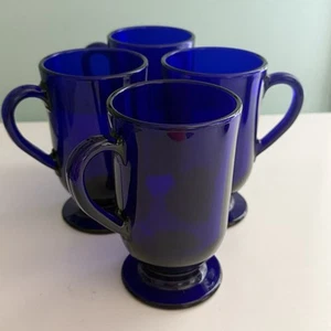Set Of 4 Vintage Libbey Cobalt Blue Glass Pedestal Footed Irish Coffee Mug Cup - Picture 1 of 7