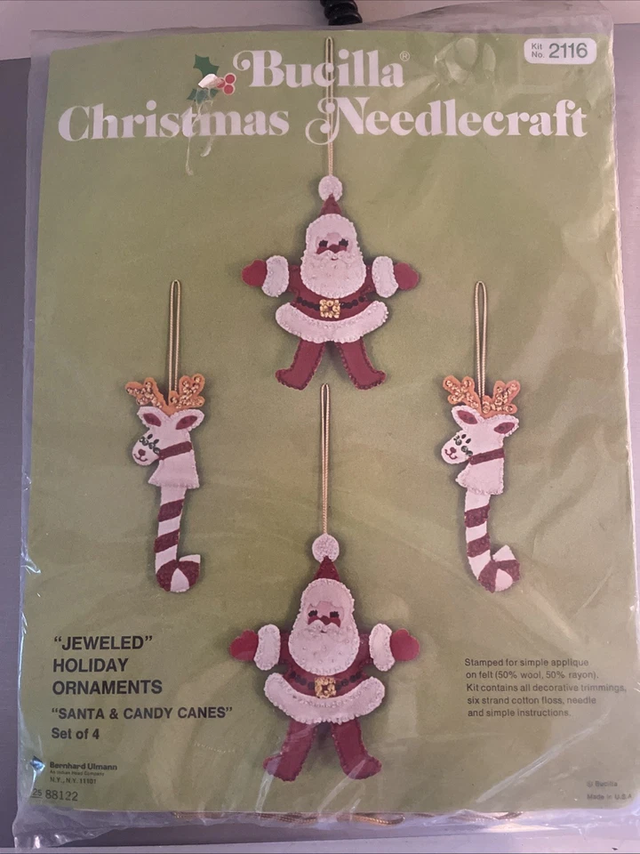 Bucilla Santa & Candy Canes 4 Jeweled Holiday Ornaments Kit 2116 Felt