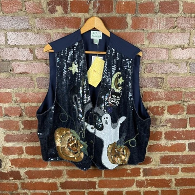 Quacker Factory Vest Womens 3X Navy Sequin Halloween Ghost Pumpkin Black Cat - Image 1 of 4