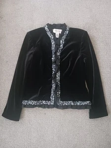 Victor Costa Black Velvet Beaded Chiffon Ruffle Evening Jacket Size Medium - Picture 1 of 7