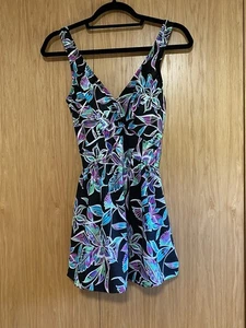 Azul Ladies One Piece Swim Dress/Swimsuit - Black & Aqua Tropical Print Size 12 - Picture 1 of 10