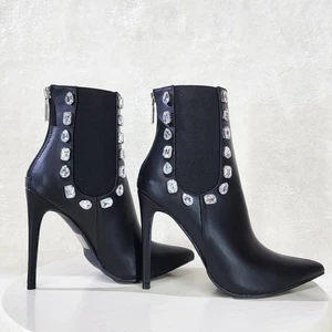 Justice Black Fx Leather High Heels Chelsea Boots Ankle Boots Gem Stones New - Picture 1 of 6