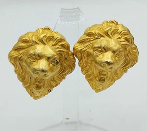 Vtg. Lion Earrings Big Brushed Gold Matte Chunky Lightweight Clip On/ FREE SHIP - Picture 1 of 6