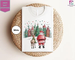 Santa Reindeer Shirt Bella Canvas Unisex Cotton Crew Neck Holiday Tee - Picture 1 of 6