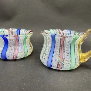 Vintage Murano Art Glass Twisted Ribbon Latticino Creamer & Sugar bowl - Picture 1 of 4